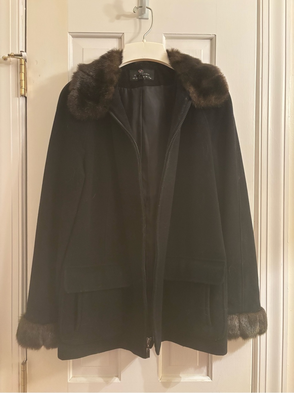 Collection B Black Wool Pea Coat with Brown Fur Collar and Cuffs